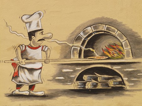 Illustration: Pizzabäcker schiebt eine Pizza in den Backofen