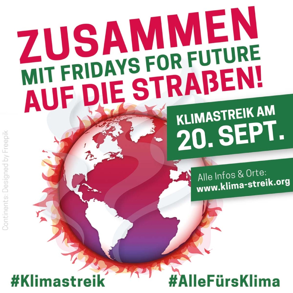Grafik: Brennender Globus in Rottönen zusammen mit Überschrift "Zusammen mit Fridays for Future auf die Straßen"