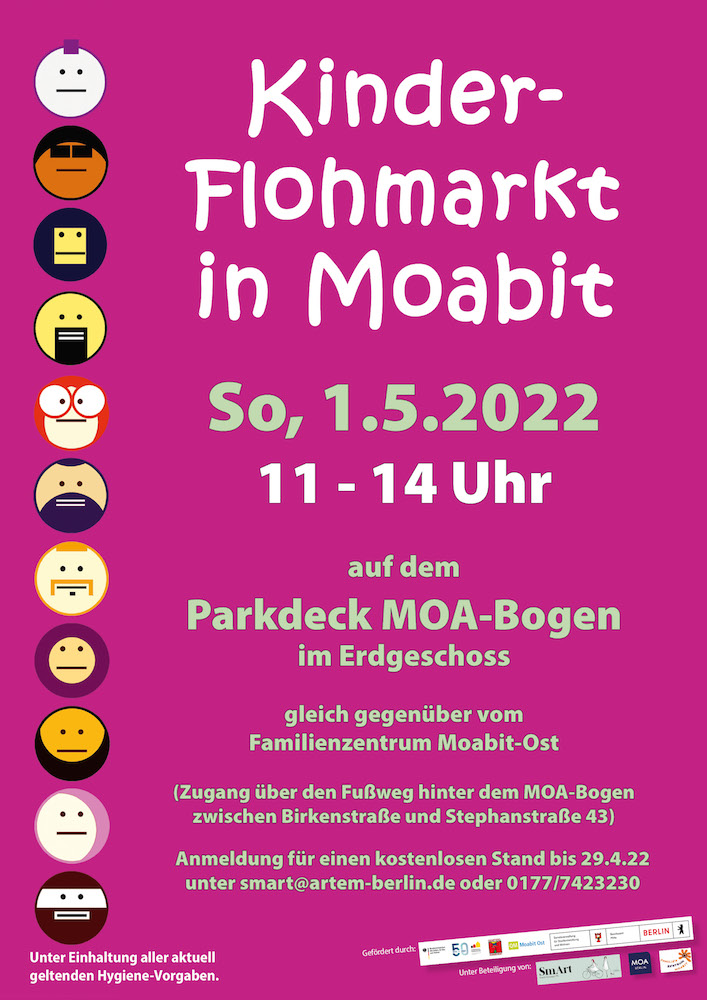 Plakat: Pinkes Plakat mit Informationen zum Kinder-Flohmarkt in Moabit